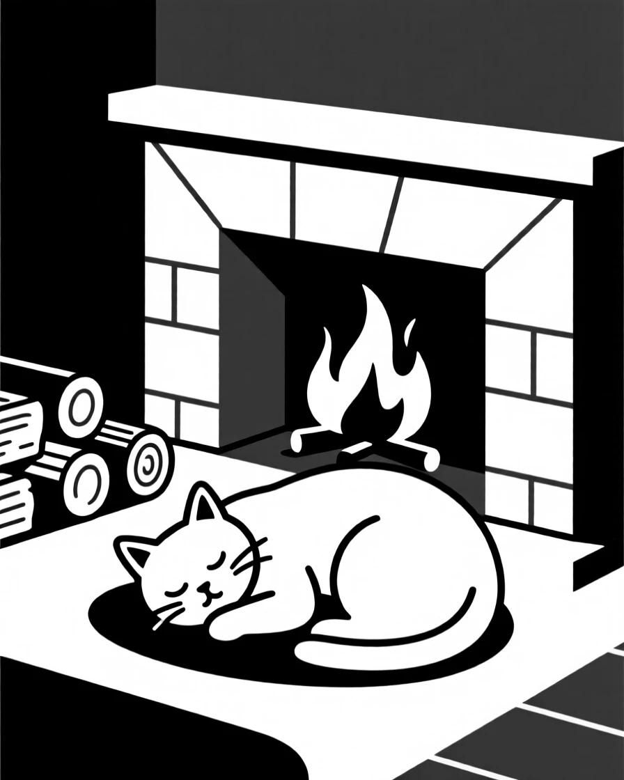 A cat curled up asleep by a crackling fireplace.