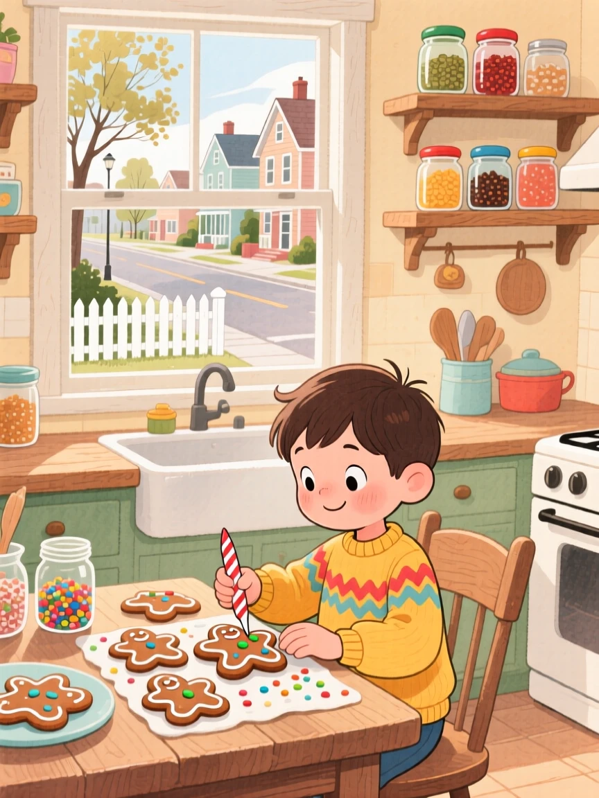 A curious little boy decorating gingerbread cookies at the kitchen table, in a small-town street lined with picket fences, radiating sweetness and gentle curiosity.