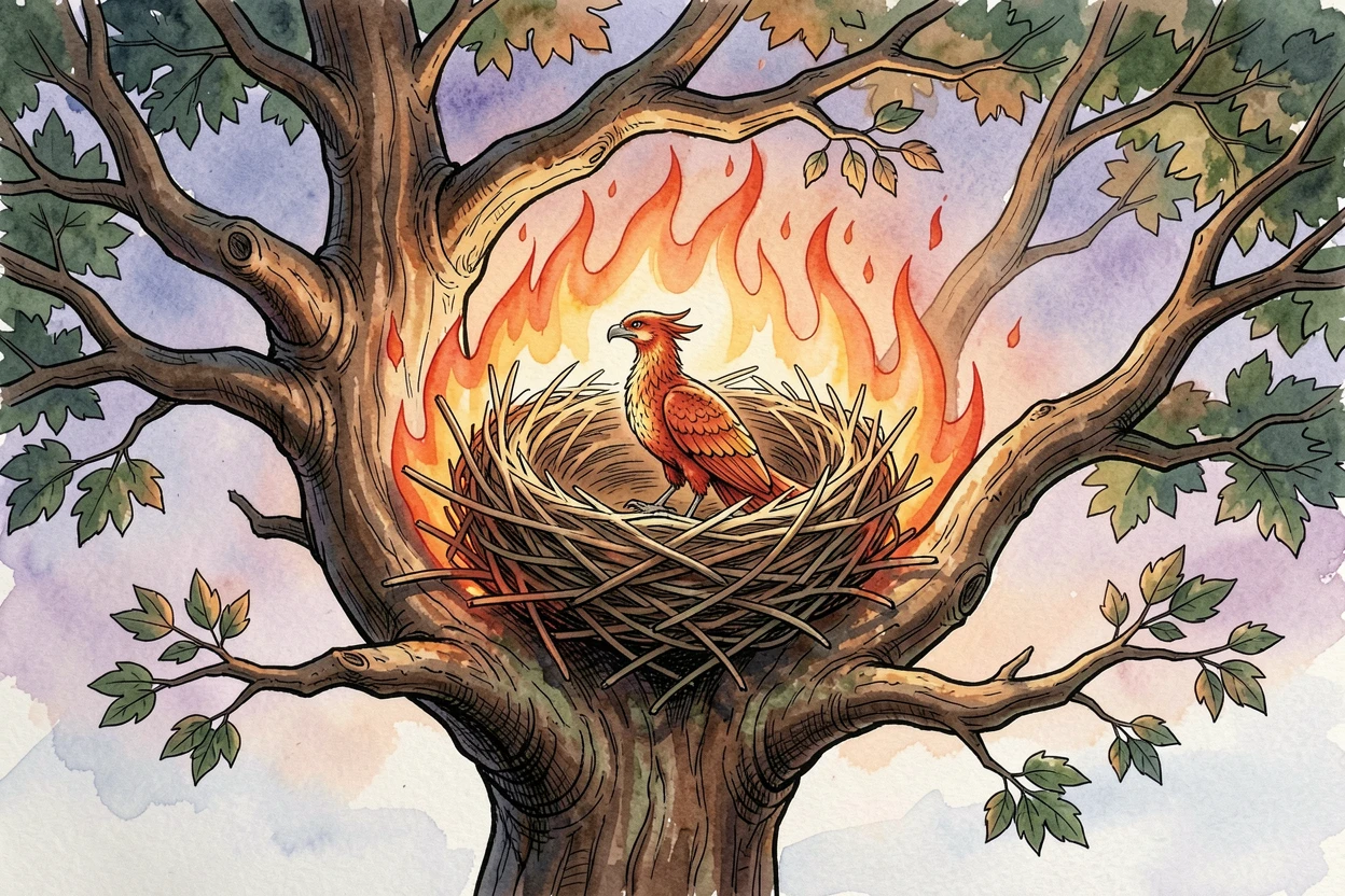 A phoenix nest cradled in the branches of a burning yet unconsumed tree, an air of wonder and quiet mystery throughout.