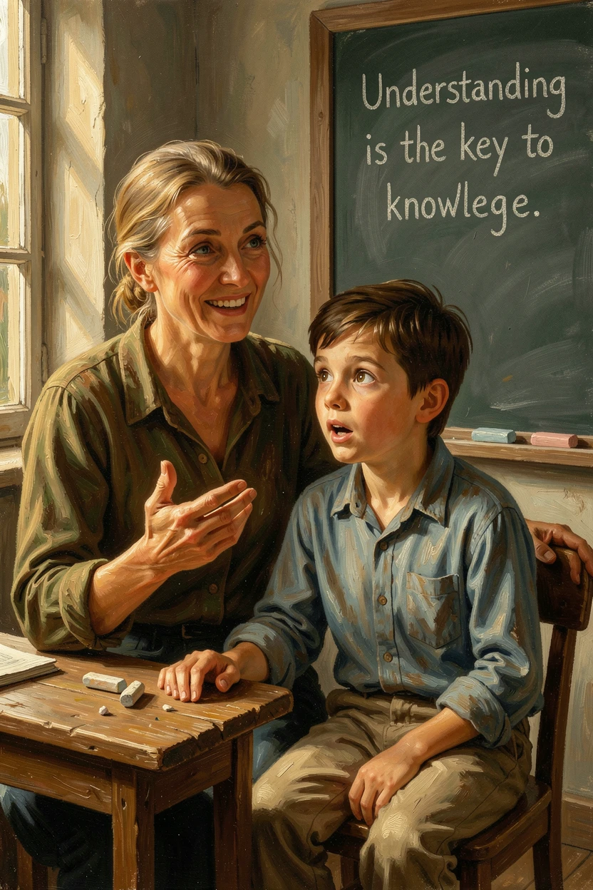 A teacher's face lighting up as a struggling student finally understands a lesson, as golden, hopeful light fills the entire scene, radiating hope, gratitude, and heartfelt connection