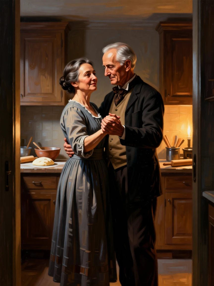 An elderly couple dancing quietly in their kitchen at dusk in a scene glowing with warmth and quiet devotion, set within a warmly lit kitchen filled with the smell of baking, with small, telling gestures like a held hand or a shared glance; gentle framing by a doorway or window softens the intimate scene, suggesting the enduring bonds between generations.