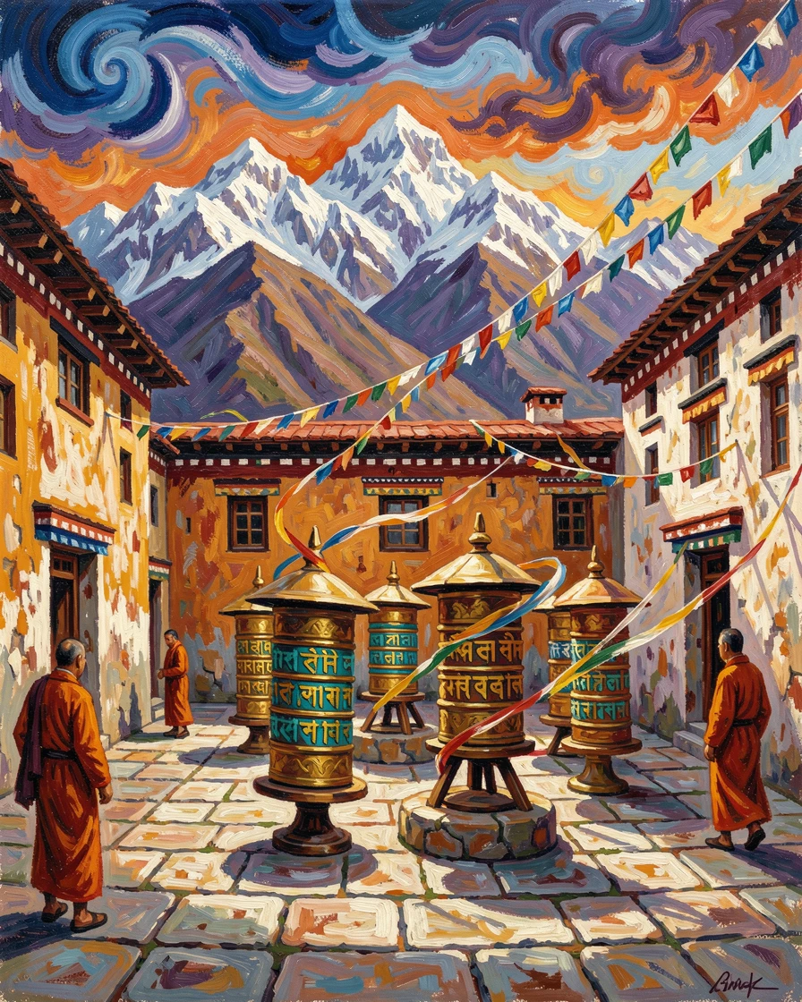A quiet monastery courtyard in Tibet, prayer wheels spinning in the mountain wind.