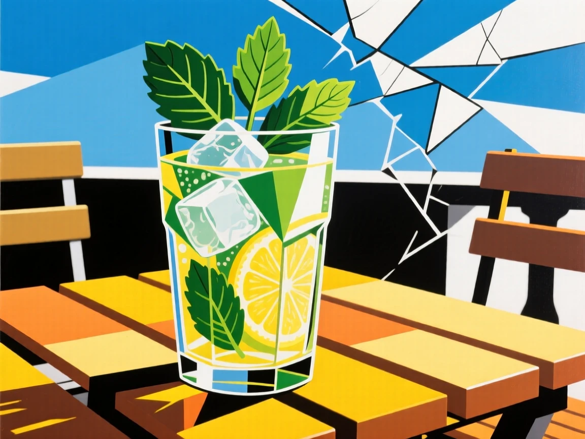 A glass of iced lemonade with mint leaves on a sunny outdoor table.