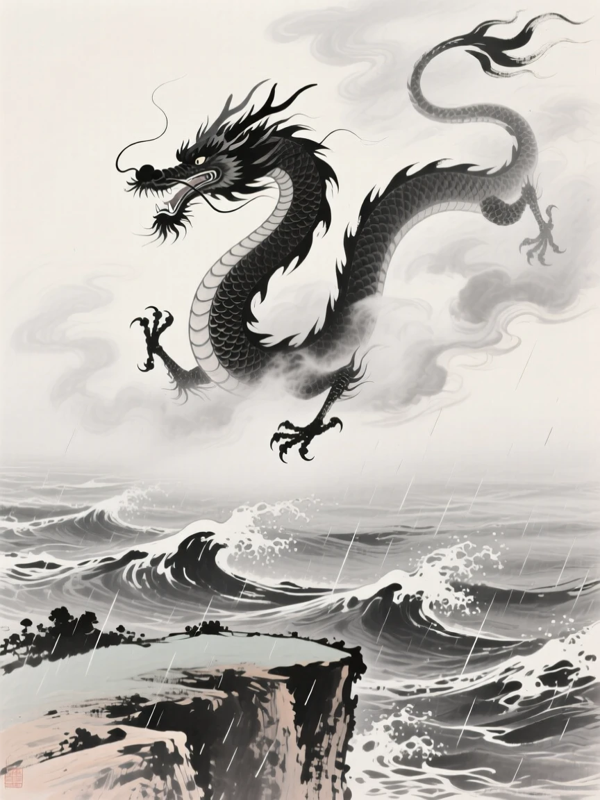 A dragon rises from the mist over a turbulent sea, with rain sweeping across the valley below.