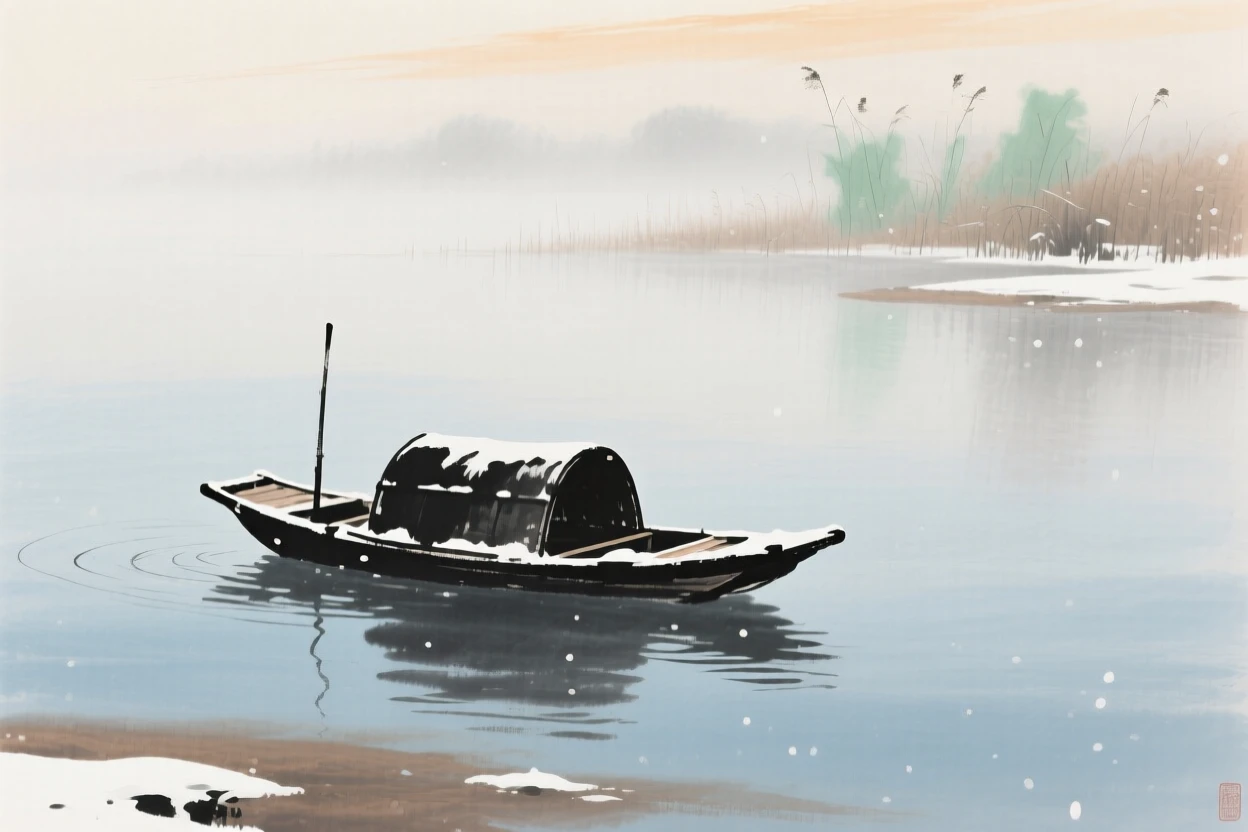 A single boat drifting alone on a vast, mist covered lake, brimming with peaceful contentment, in the soft light of late afternoon, under the first snow of winter.