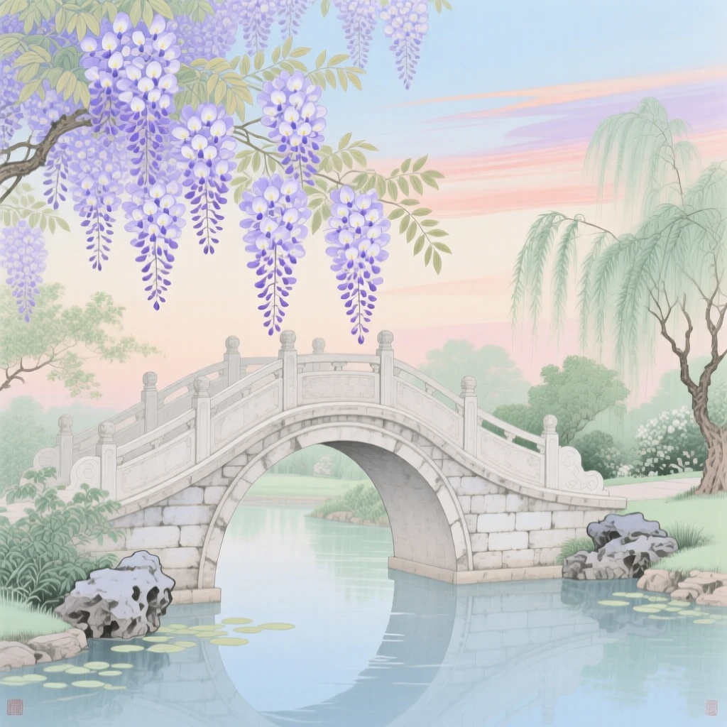 Wisteria blossoms cascading over a garden bridge in late spring, beneath a sky streaked with the colors of early morning