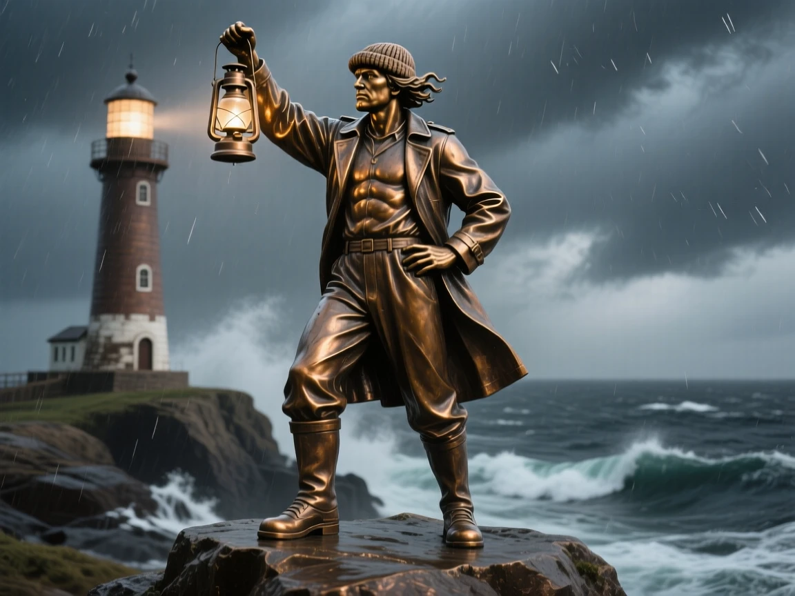 A lighthouse keeper watching over a storm, with muscles tensed in graceful strength, forming a strong central focal point
