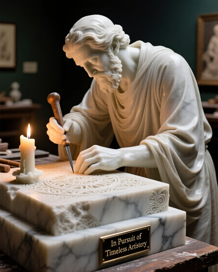A vivid, emotionally rich scene of an artisan carving intricate patterns by candlelight, in a moment of quiet stillness, designed to captivate and inspire