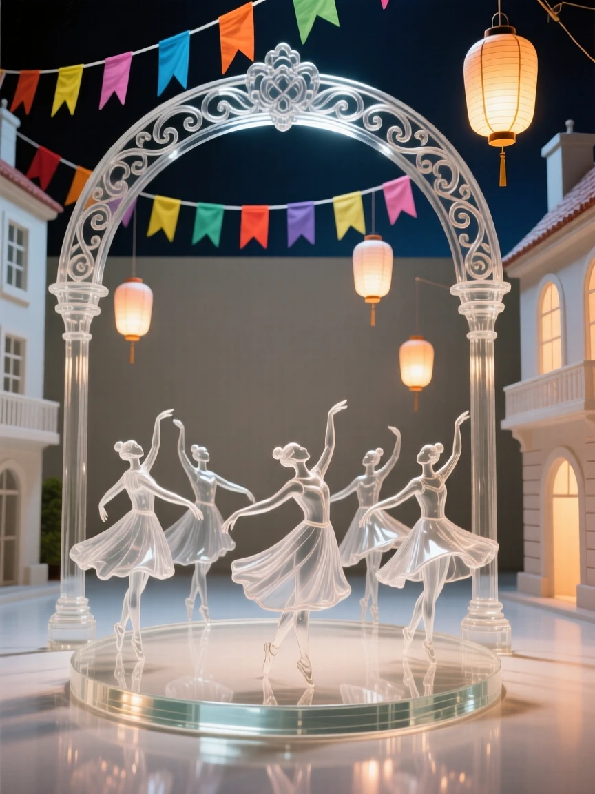 Beneath strings of colorful flags stretched between buildings, a circle of dancers celebrating beneath a decorated arch, while lanterns rise slowly into the night sky