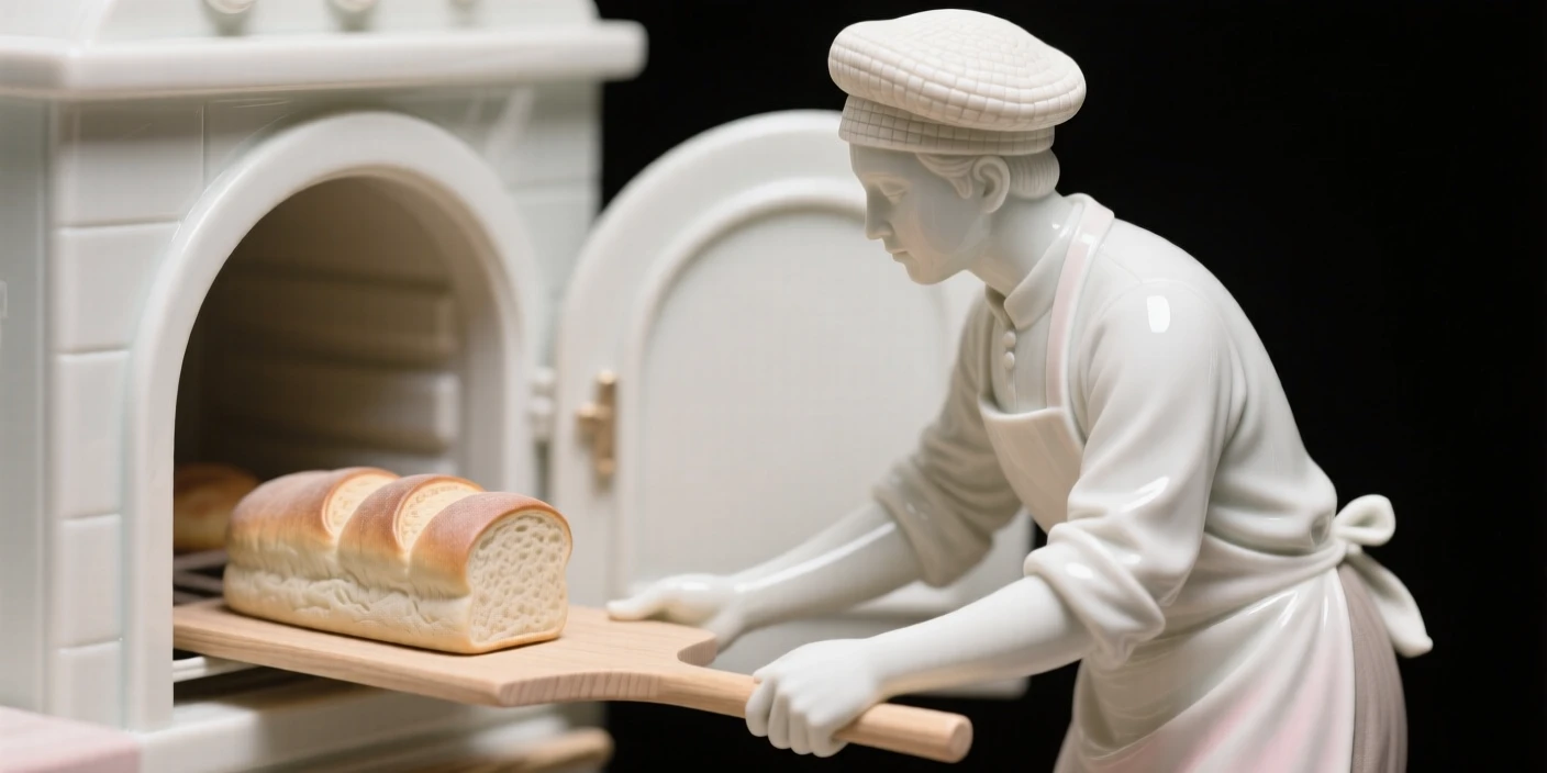 An everyday moment of quiet beauty: a baker pulling fresh bread from the oven, evoking a comforting sense of home.