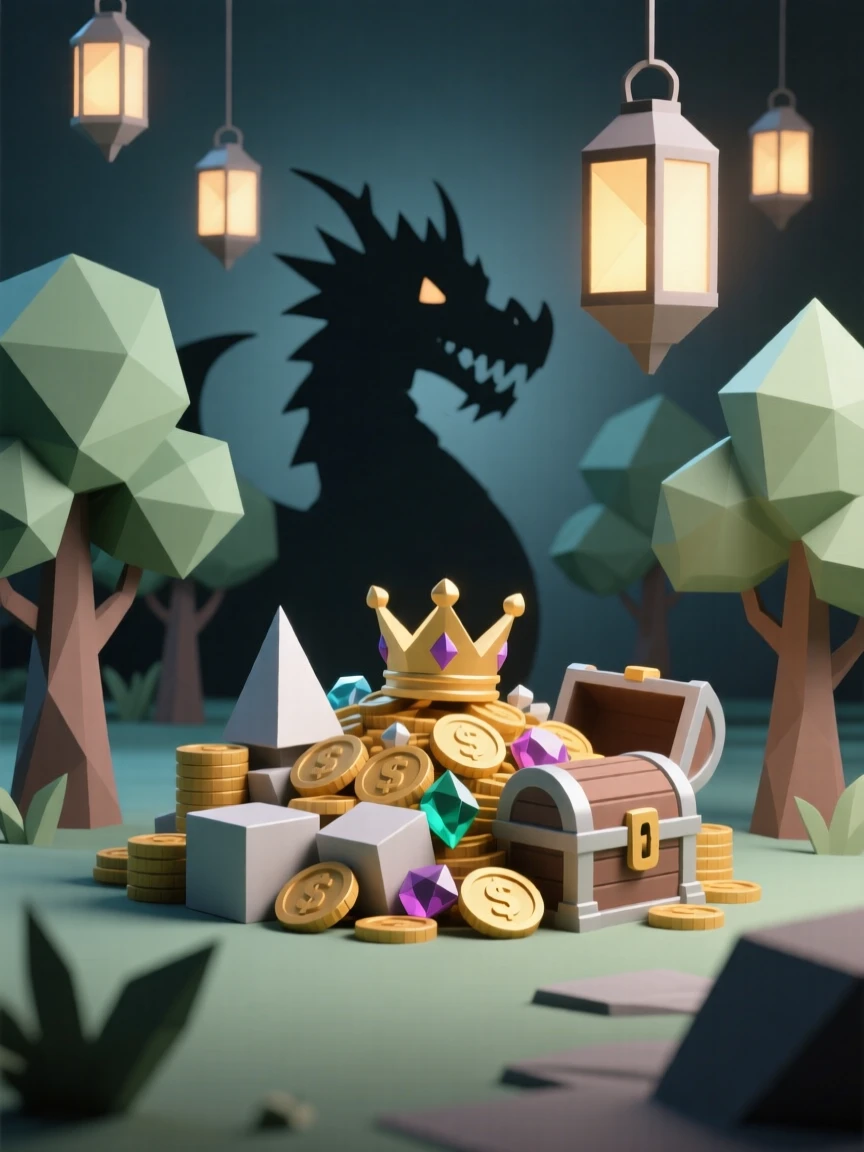A dragon's hoard of glittering treasure, within a forest lit by floating lanterns. the composition frames the subject as a clear focal point. The mood is mysterious yet inviting.