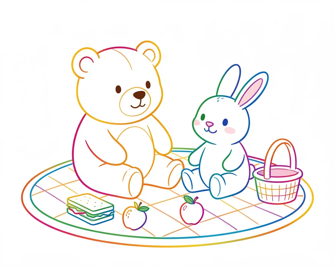 A round teddy bear character having a picnic with a stuffed rabbit friend.