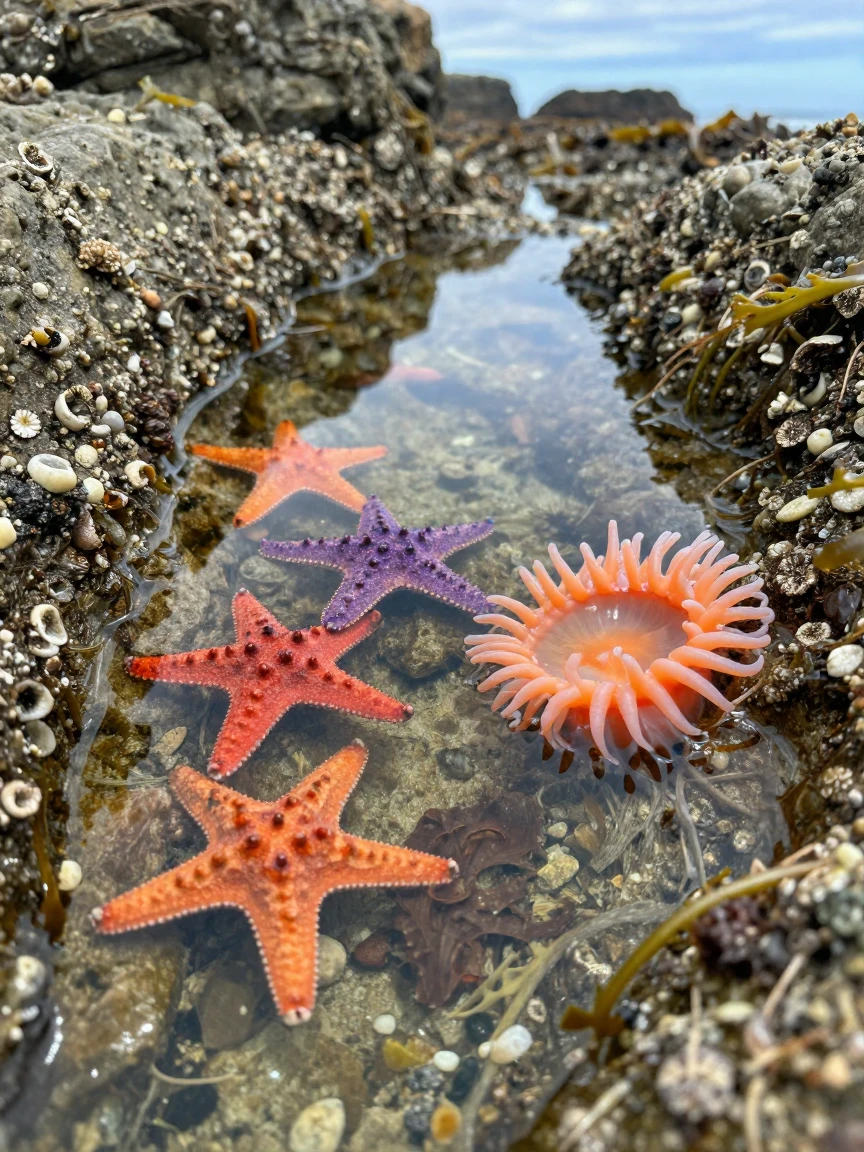 A tide pool at low tide revealing colorful starfish and anemones