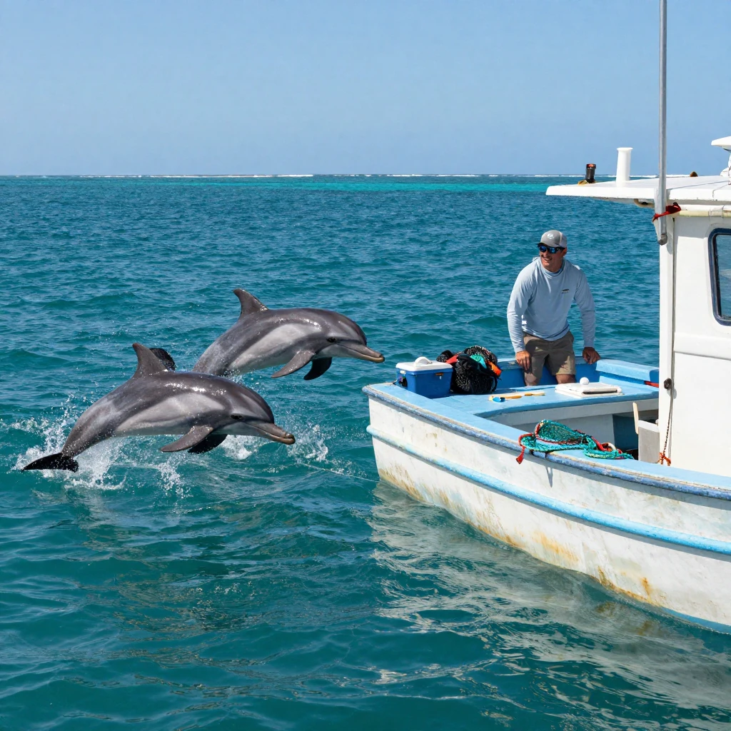 A pod of dolphins leaps alongside a small fishing boat in open turquoise water.