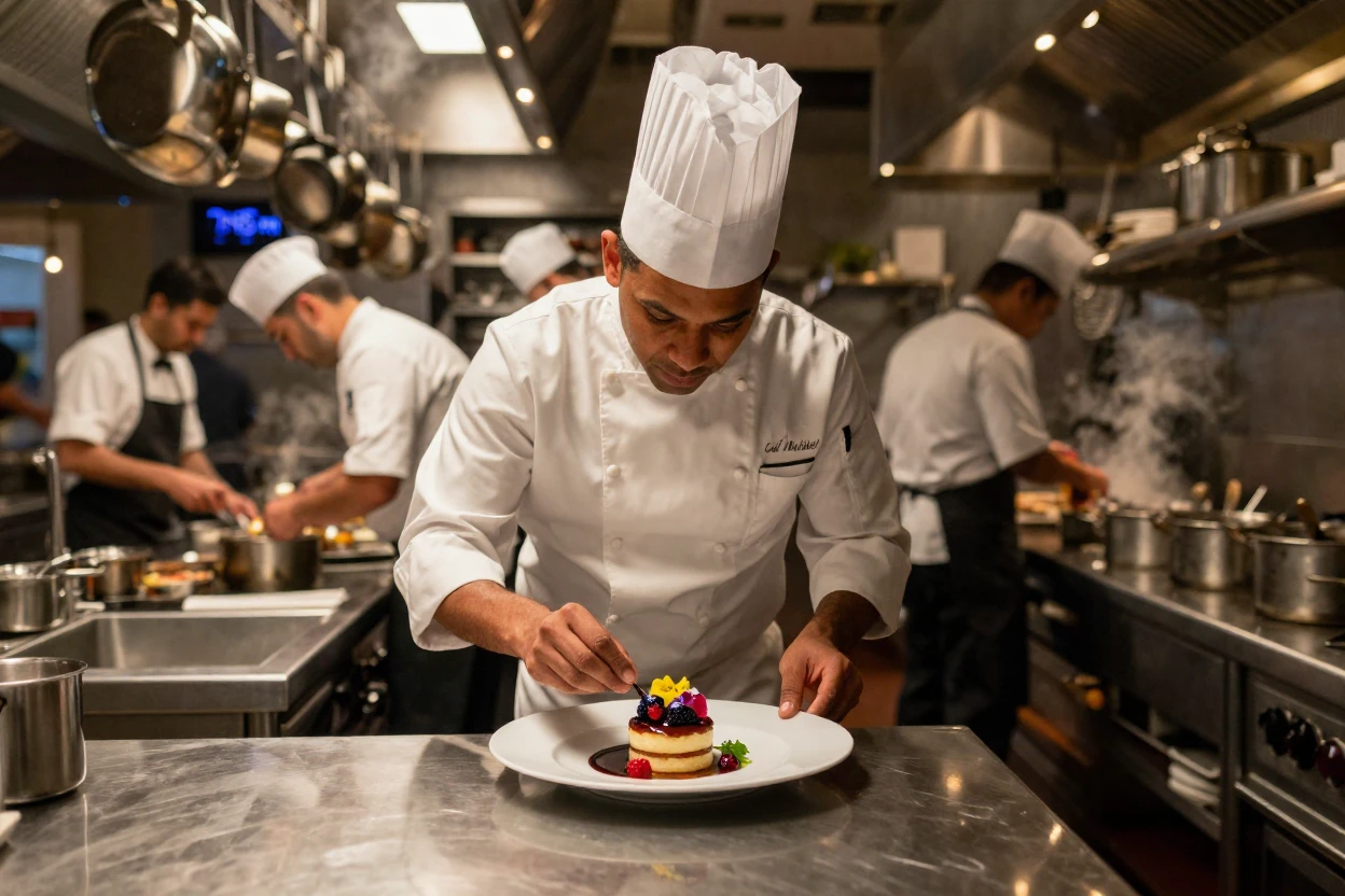 A chef plating a delicate dessert in a bustling restaurant kitchen during dinner rush