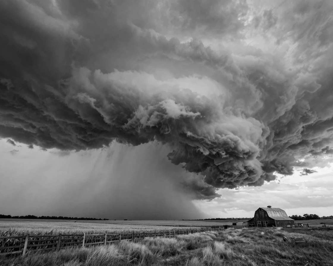 A supercell thunderstorm builds ominously over open plains above a rural farmland horizon.