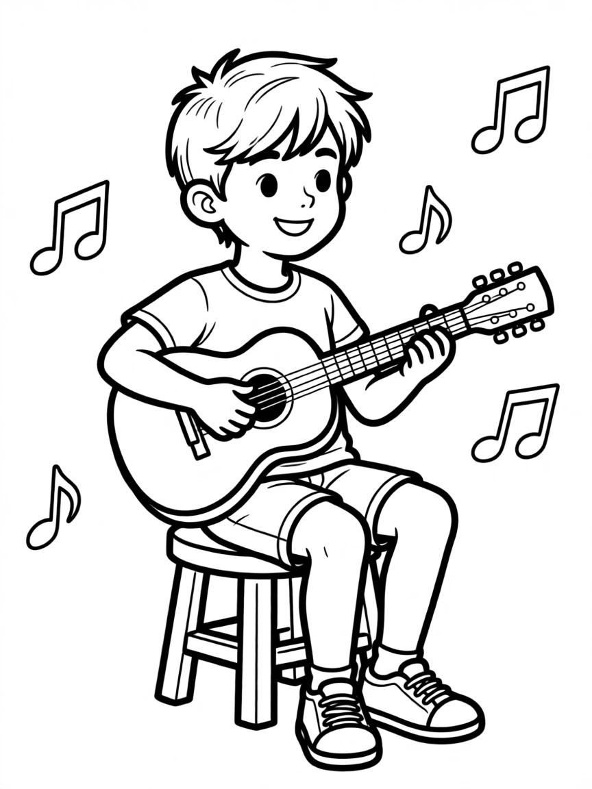 A young guitarist strumming chords on a small guitar