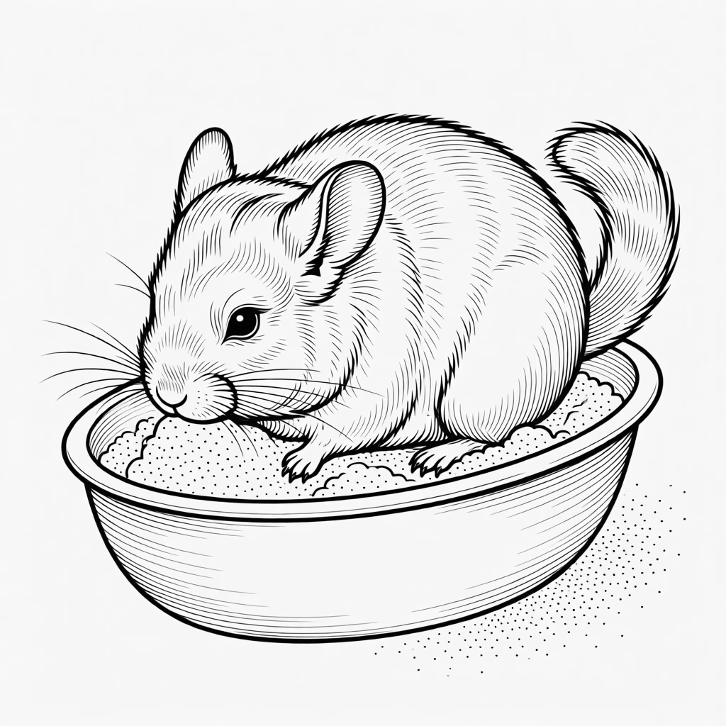 A round chinchilla dust-bathing in a small tub