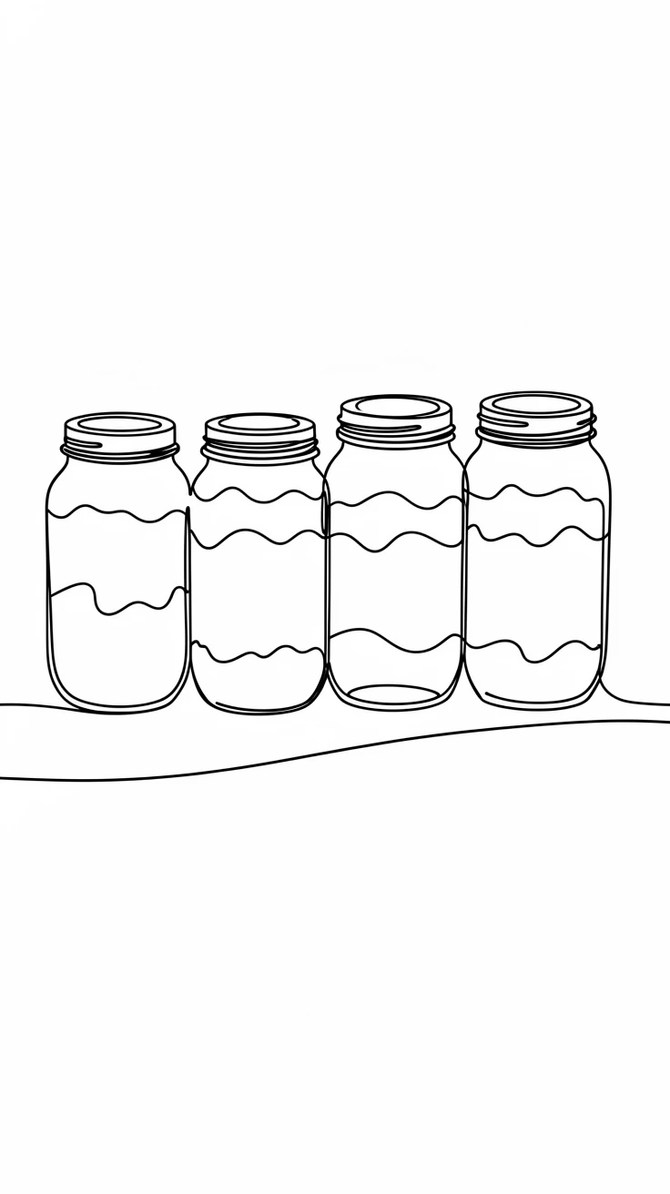 A row of mason jars filled with homemade preserves on a pantry shelf