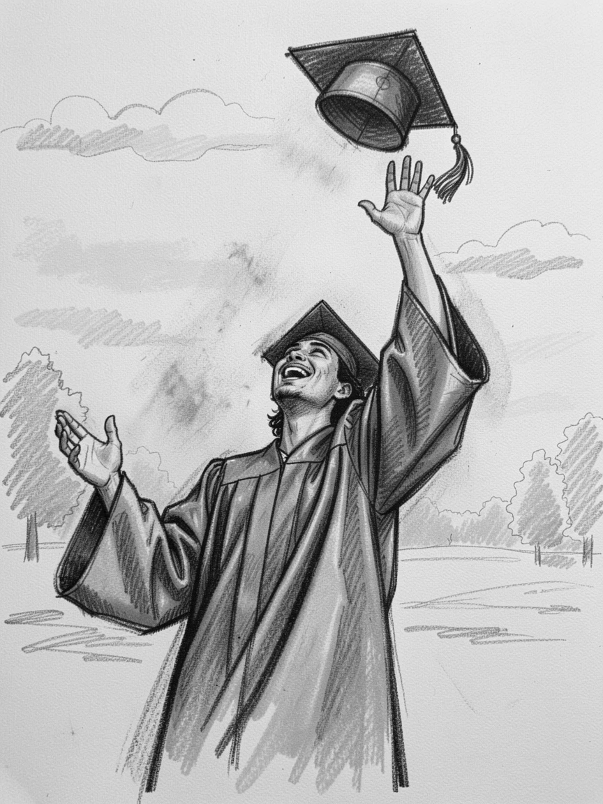 A graduate throwing their cap into the air in celebration, on a quiet, peaceful afternoon.
