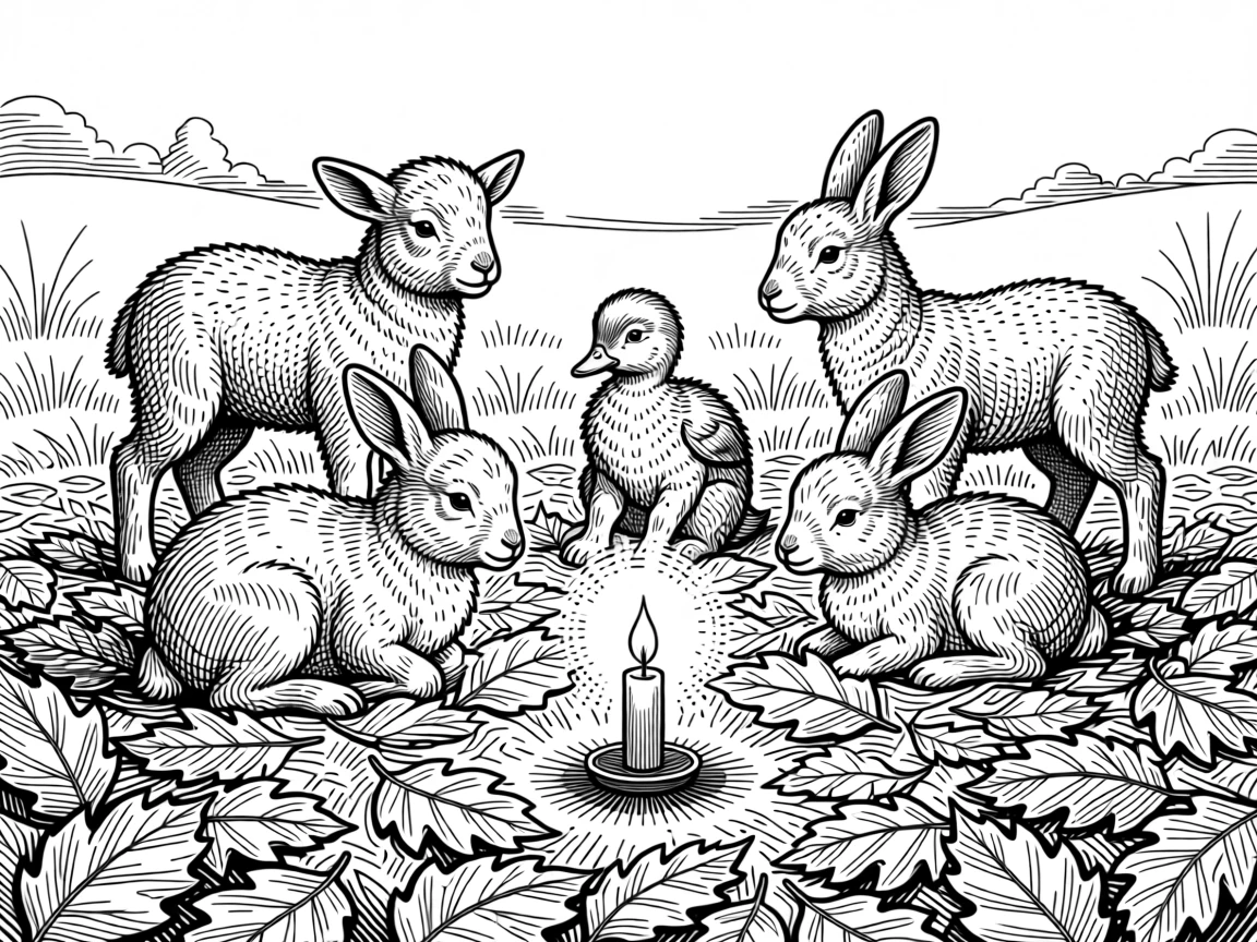 A spring meadow filled with baby animals with soft candlelight flickering nearby, with the rich texture of fallen leaves underfoot, capturing a peacefully magical seasonal moment.