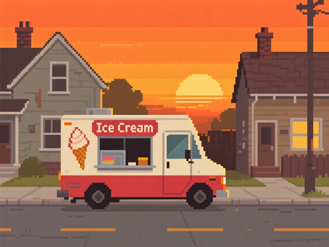 An ice cream truck parked on a quiet street framed by a glowing orange sunset, on a neighborhood sidewalk lined with old houses.