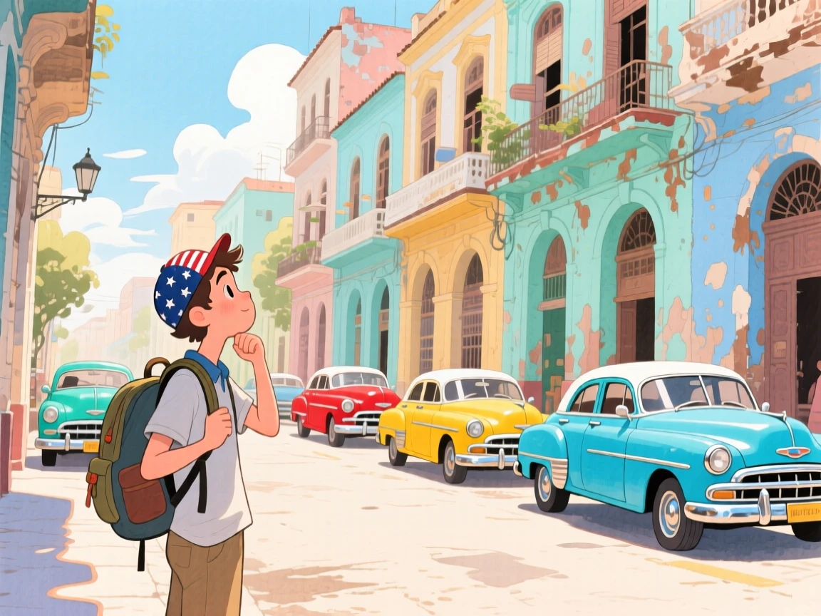 A traveler pauses to soak in the view amid the vibrant streets of Havana lined with vintage cars, filled with the romance of travel.