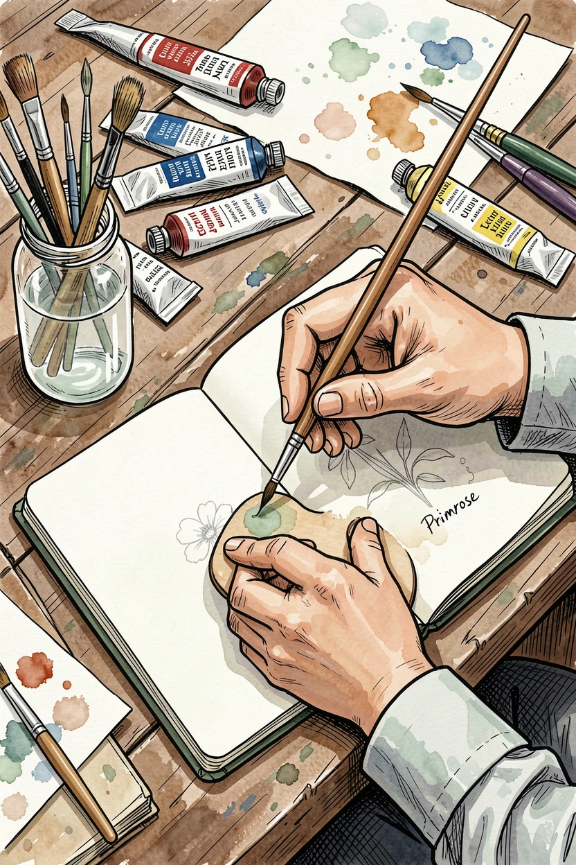 A painter mixing watercolors on a palette beside an open sketchbook, the setting filled with the tools and textures of the craft.