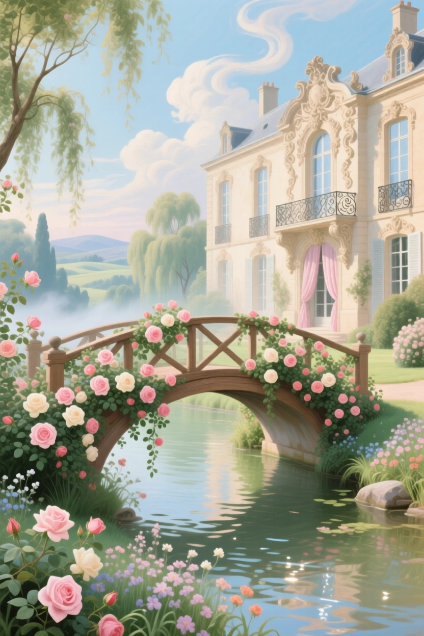 A rose-covered bridge over a clear stream leading toward a manor house  