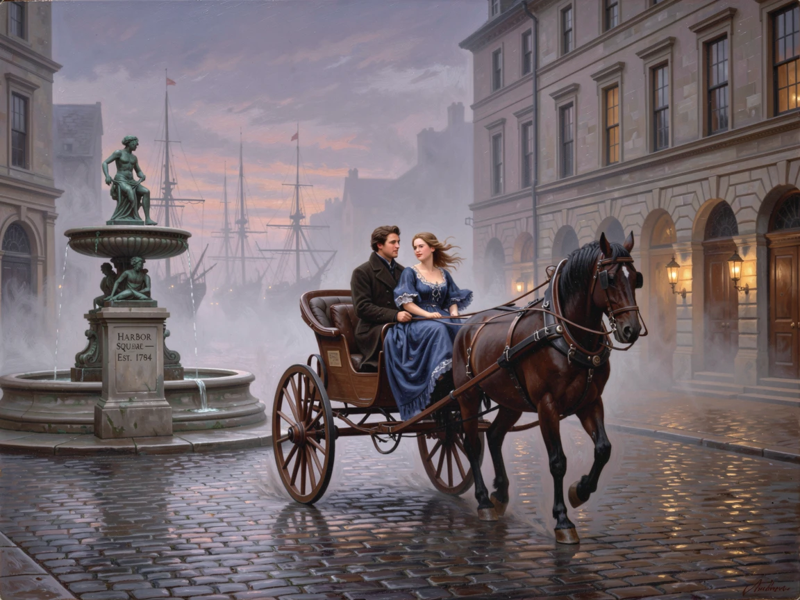 A young couple rolls through a grand cobblestone square as fog rolls in from the harbor.