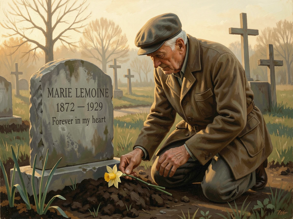 An elderly man visiting his wife's grave, laying down a single flower, as golden, hopeful light fills the entire scene, designed to inspire and uplift anyone who views it