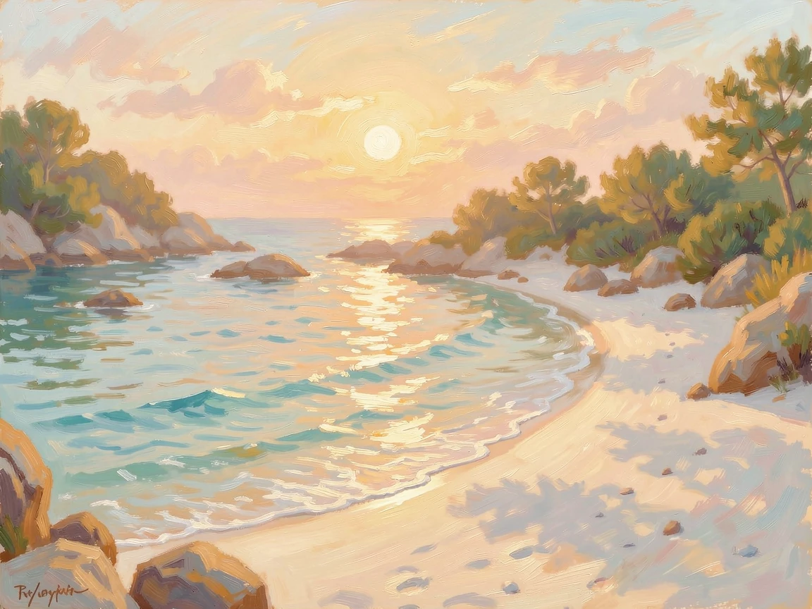 A secluded cove reachable only by boat, turquoise water lapping against a crescent of white sand, at golden sunrise, filled with warmth and nostalgia.