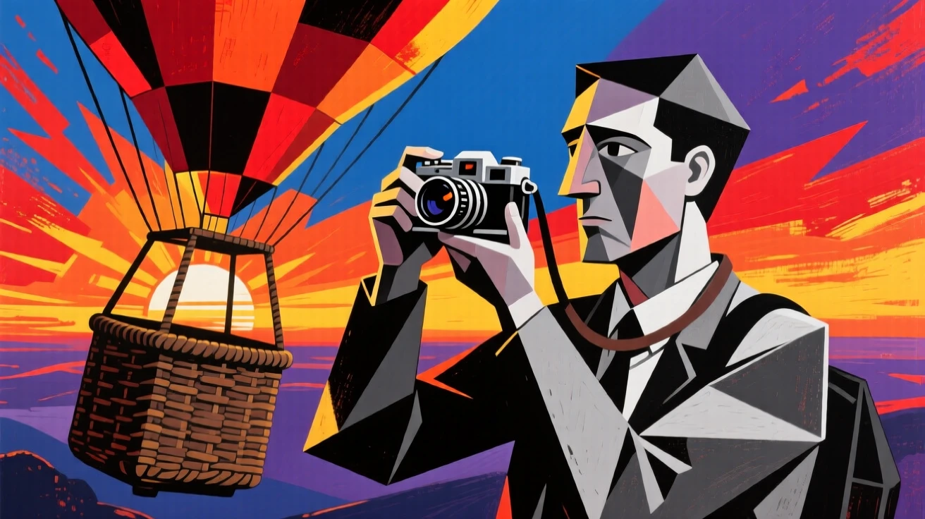 A traveler photographing a dramatic sunrise from a hot air balloon basket.