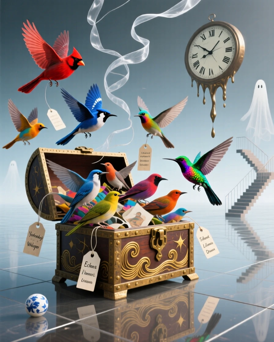 A chest overflowing with birds representing released memories drifts slowly through a space with no clear boundary, as everything else fades quietly into muted color.