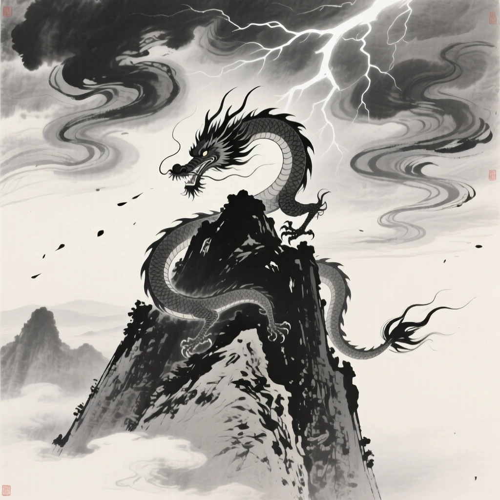 A dragon curls protectively around a mountain peak shrouded in cloud, beneath swirling clouds lit by distant lightning.