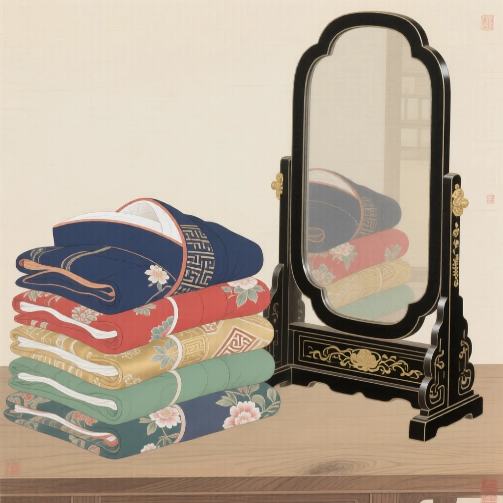 A stack of folded kimonos beside a lacquered mirror