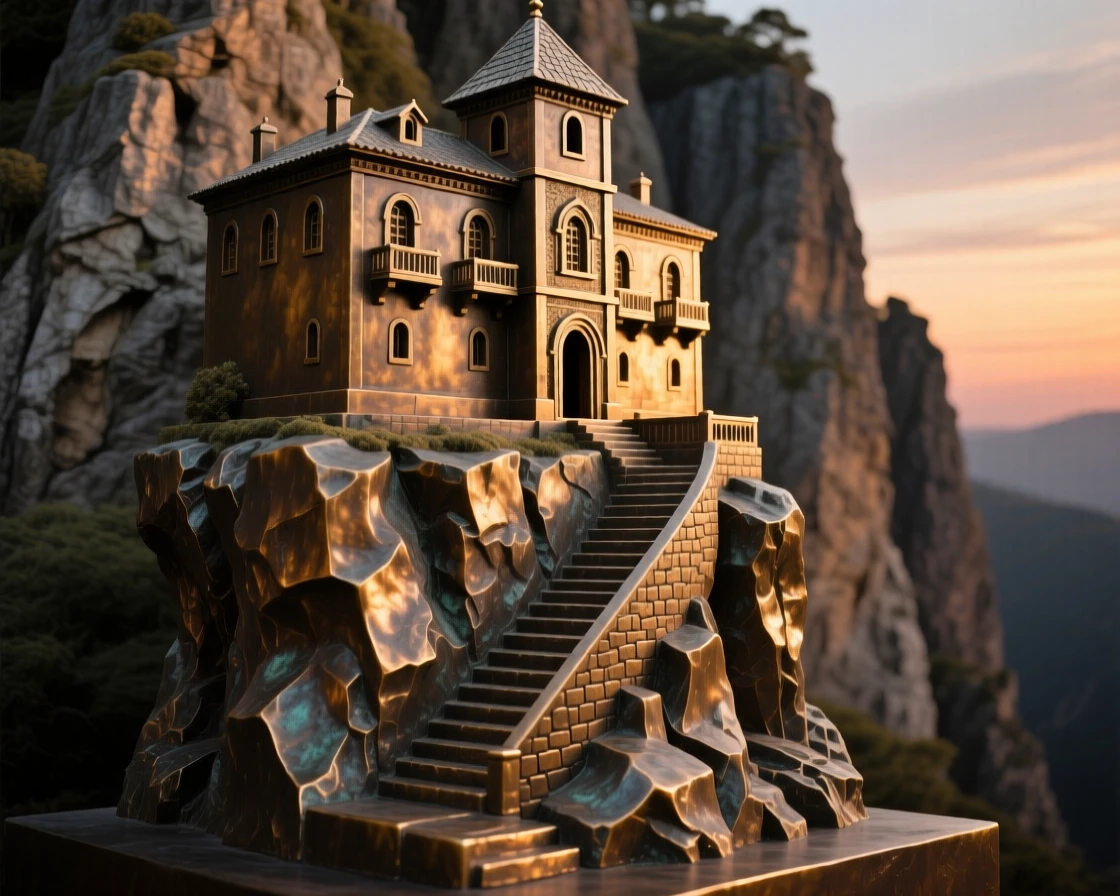 A majestic cliffside monastery reached by a narrow stone stair, glowing softly in the light of dusk, exuding timeless grandeur
