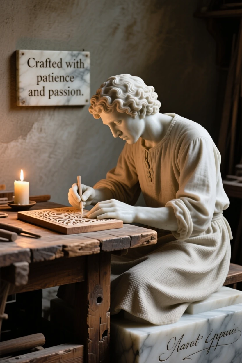 A beautifully composed image of an artisan carving intricate patterns by candlelight, in a moment of quiet stillness, full of atmosphere and visual storytelling