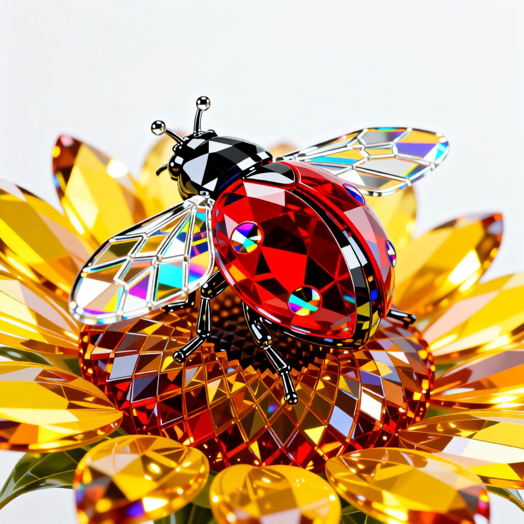 A tiny ladybug resting on a giant sunflower petal, wings slightly open.