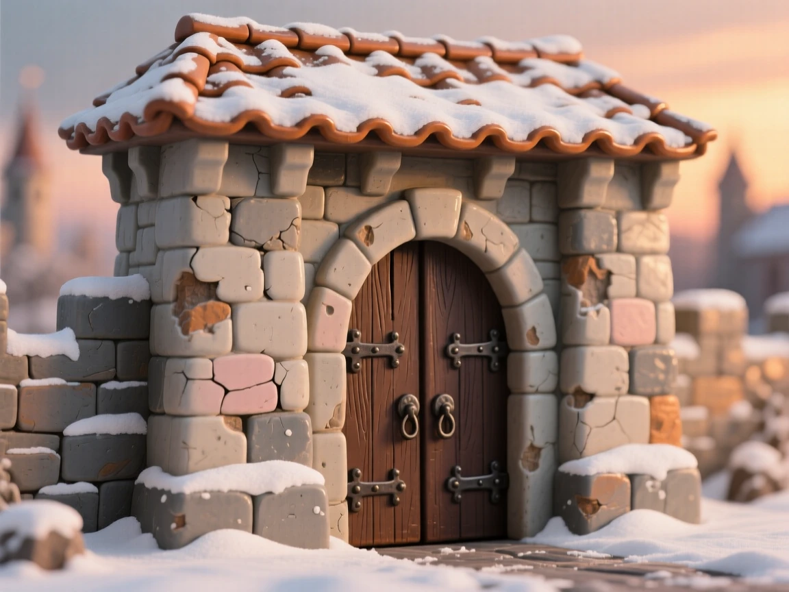 A medieval city gate with weathered stone arches captured in the soft glow of sunset, dusted lightly with fresh snow, radiating peaceful, storybook charm.