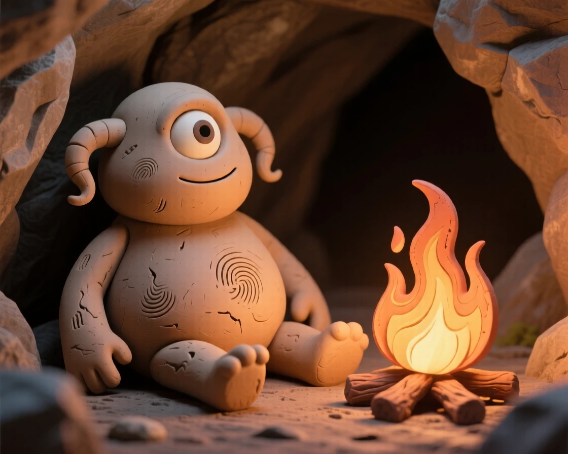 A cyclops resting beside a fire in a mountain cave