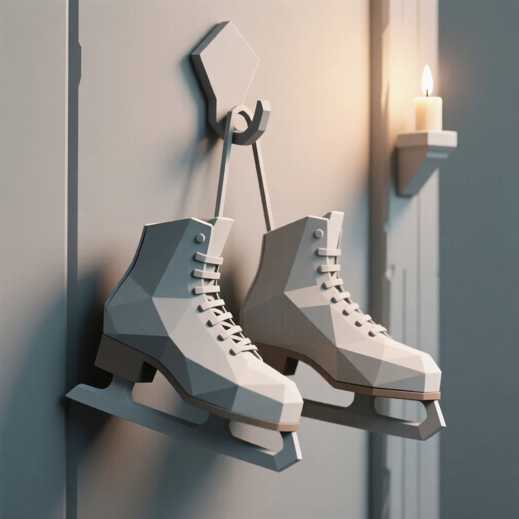 A pair of old ice skates hanging on a hook, in the soft glow of candlelight. the composition uses a balanced, classic still-life arrangement. There is a calm, contemplative stillness.