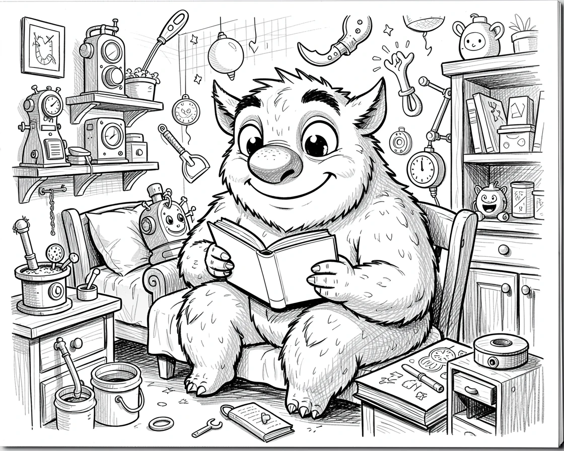 A friendly monster reading a bedtime story in a colorful workshop full of gadgets.