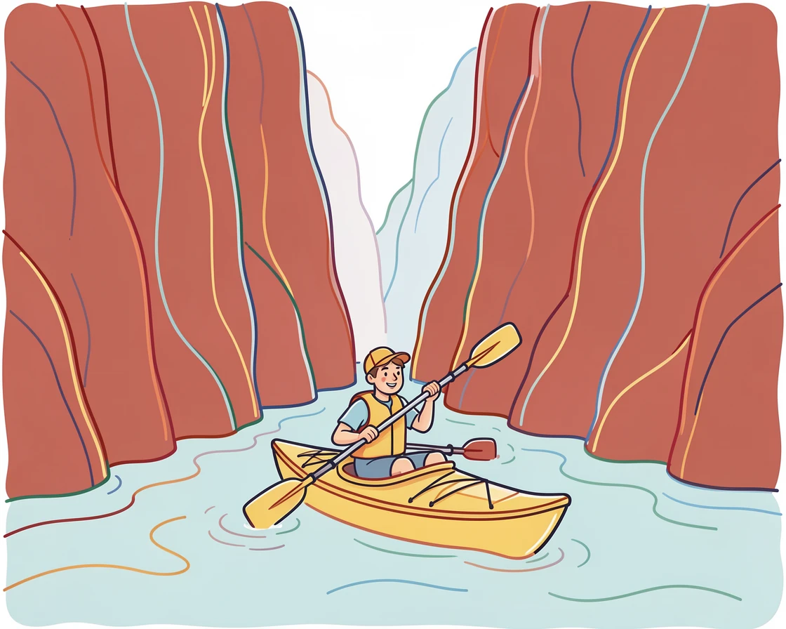 A person kayaking through a narrow canyon with towering red rock walls.