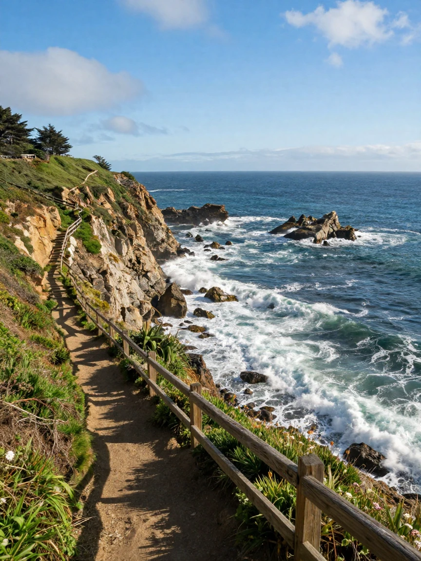 A coastal cliffside trail overlooking crashing Pacific waves