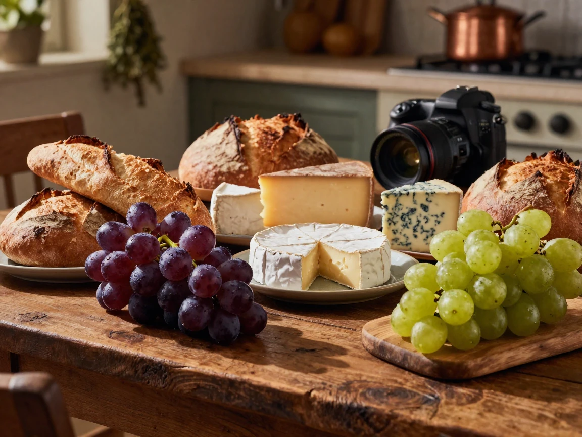 A rustic wooden table spread with fresh bread, cheese, and ripe grapes