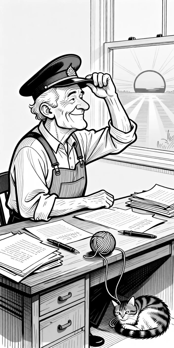 A retired postman reminiscing about his old delivery route, tipping a hat toward the setting sun, set at a cluttered desk covered in essays. A ball of yarn rolls gently as the cat shifts. The scene radiates hard-won wisdom shared with love.
