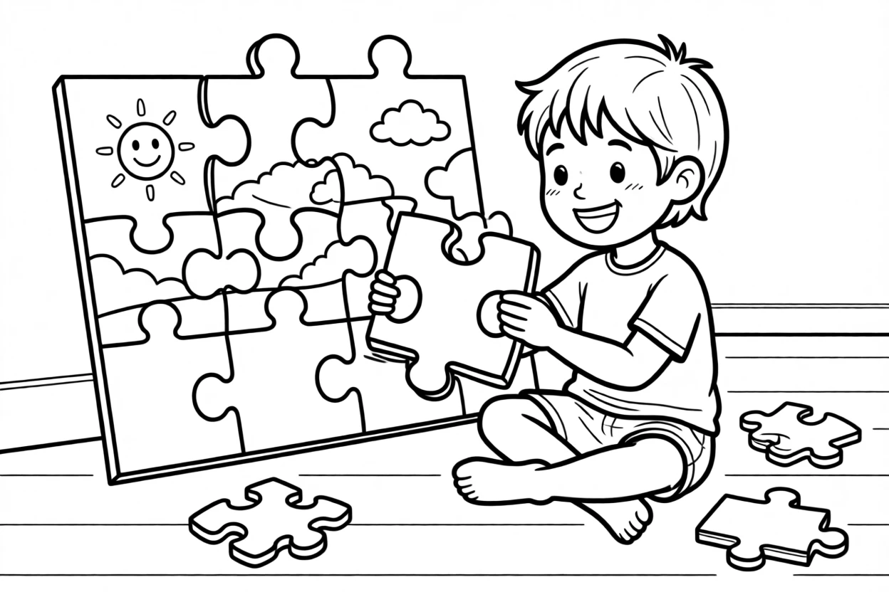A child putting together a large jigsaw puzzle