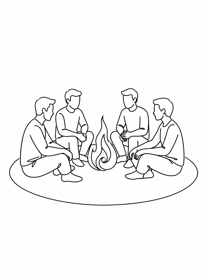 A group of friends camping together, sharing stories around a fire
