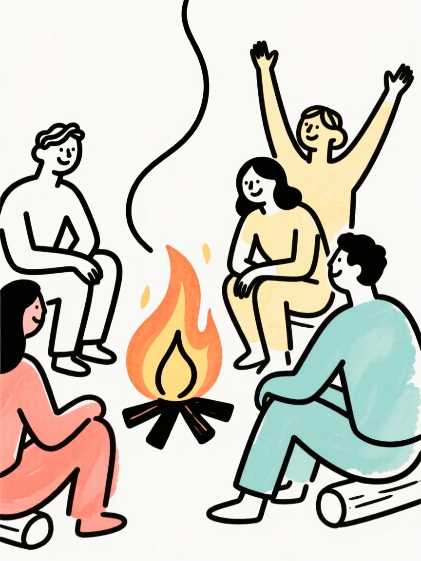 Friends gathered around a campfire